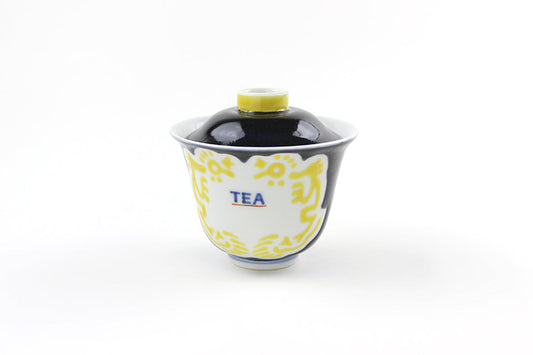 薑会 蓋碗 黒釉黄彩龍文“TEA字”
