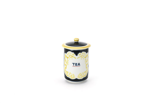 薑会 蓋付湯呑黒釉黄彩龍文“TEA字”