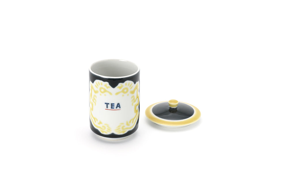 蓋付湯呑黒釉黄彩龍文“TEA字”